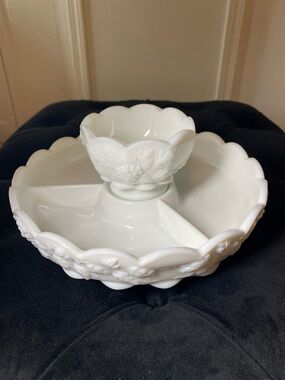 White Milk Glass Divided Serving Tray with Center Bowl